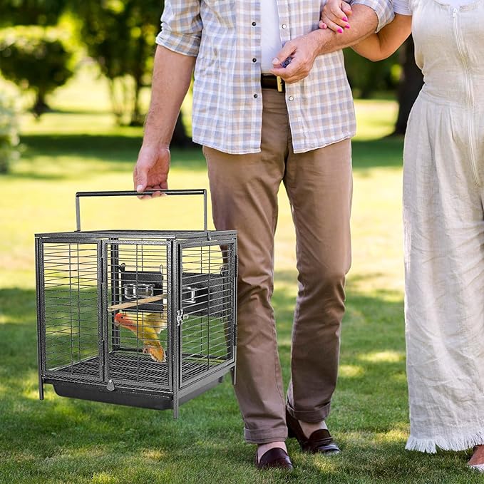 Portable Bird Travel Carrier Cage Black 19 Inch with Handle Wooden Perch,parrot travel cage medium birds for Cockatiels, Conures