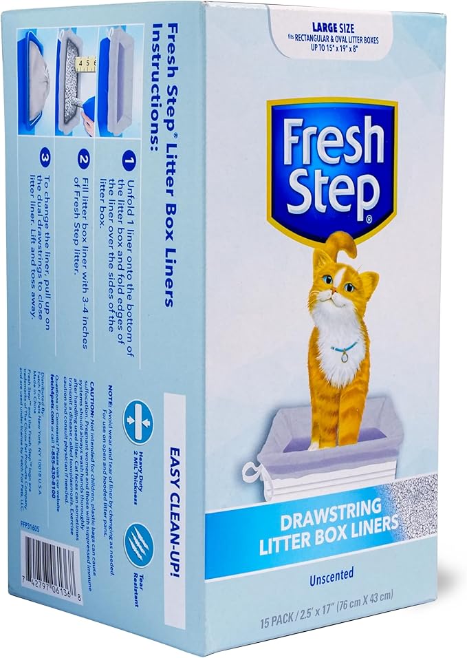 Fresh Step Drawstring Cat Litter Box Liners, Unscented, Size Large, 30" x 17" | Kitty Litter Bags - Cat Litter Liners for Rectangle or Oval Litterboxes, 15 Count - 12 Pack