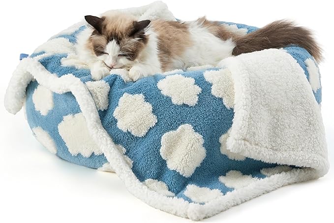 Lesure Waterproof Puppy Blanket for Small Dogs - Washable Double Sided Dog Blankets with Warm Jacquard Shag and Soft Sherpa Fleece, Pet Cat blanket for Couch Protection, 3D Textured Cloud, Blue