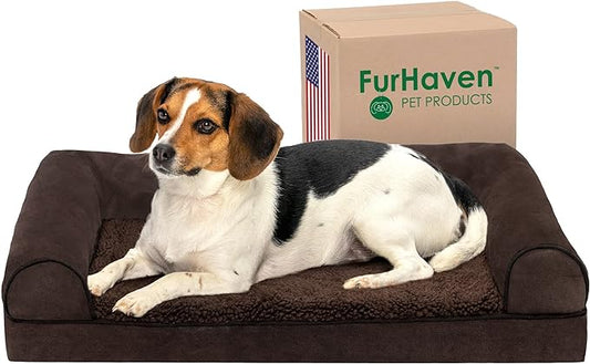 Furhaven Orthopedic Dog Bed for Medium/Small Dogs w/ Removable Bolsters & Washable Cover, For Dogs Up to 35 lbs - Sherpa & Chenille Sofa - Coffee, Medium