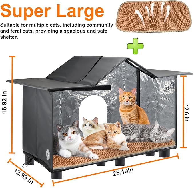 Texsens Large Cat House - Weatherproof Outdoor Cat Shelter with Roof Window- Insulated Elevated House for Stray/Barn Cats with Cozy Cushion - Ideal Waterproof Feral Cat House for Summer