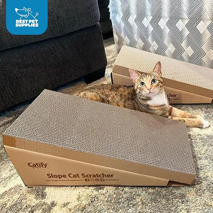 Best Pet Supplies Corrugated Cardboard Cat Scratcher Refill Pads, Lounger, and Fun Interactive Scratching Boards, Claw Safe, Durable, Natural Recycled Materials, Supports Active Play - Slope (2 Pack)