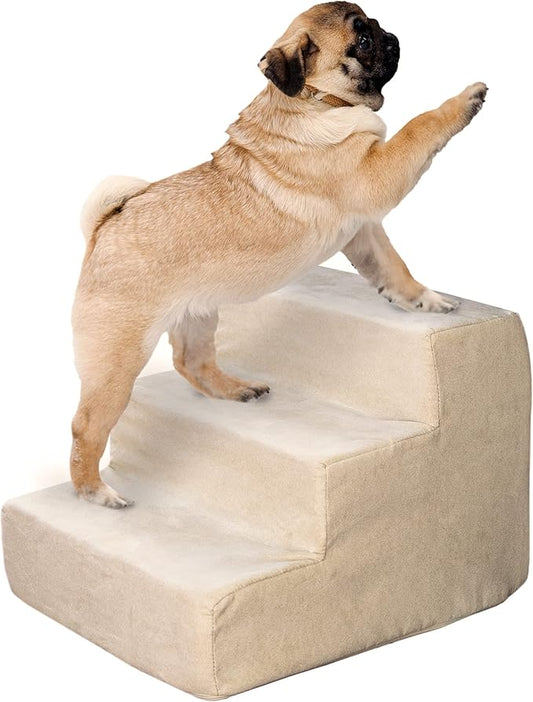 3-Step Pet Stairs - Nonslip Foam Dog and Cat Steps with Removable Zippered Microfiber Cover - 2-Tone Design for Home or Vehicle Use by PETMAKER (Tan)