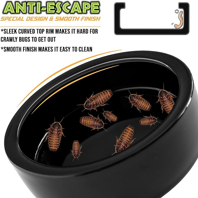Reptile Food Dish Bowl - Anti-Escape Ceramic Worm Water Dish Feeder for Mealworm, Superworm, Dubia Roaches, Lizard, Leopard Gecko, Bearded Dragon, Chameleon, Skink, Tegu, Snake (Large, Black)