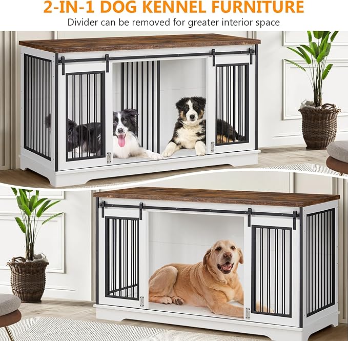 2-in-1 Double Dog Crate Furniture for 2 Dogs 60.6 Inch Pure White Sturdy Double Dog Kennel TV Stand with Divider and Sliding Doors