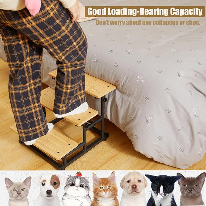 Adjustable Bamboo Dog Steps for Sofa, Chair, Car SUV, 3-Tier Pet Dog Stairs for High Bed & Couch,Deformable Height Steps Puppy Stairs, Loaded Up to 60Lbs for Small Medium Dog Cat