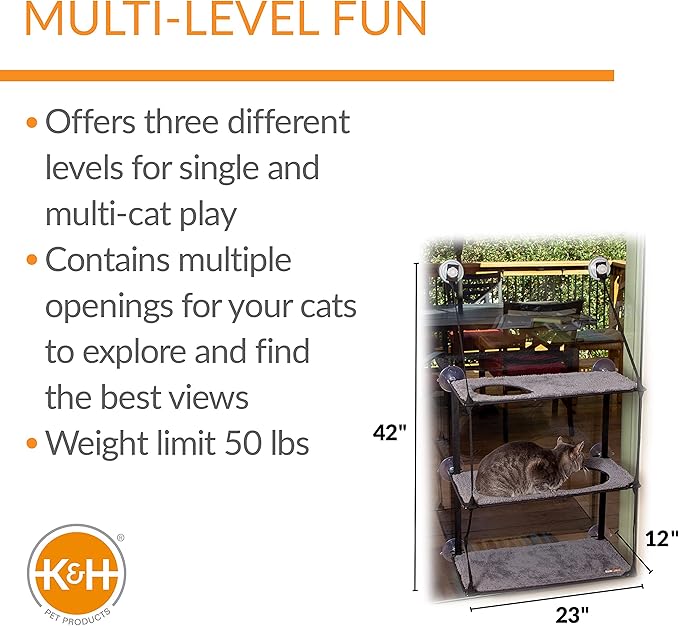 K&H Pet Products EZ Mount Window Sill Cat Bed, Cat Window Hammock, Sturdy Cat Window Perch for Large Cats, Cat Window Bed Cat Furniture, Cat Hammock for Window Cat Perch Cat Shelf - Triple Stack Gray