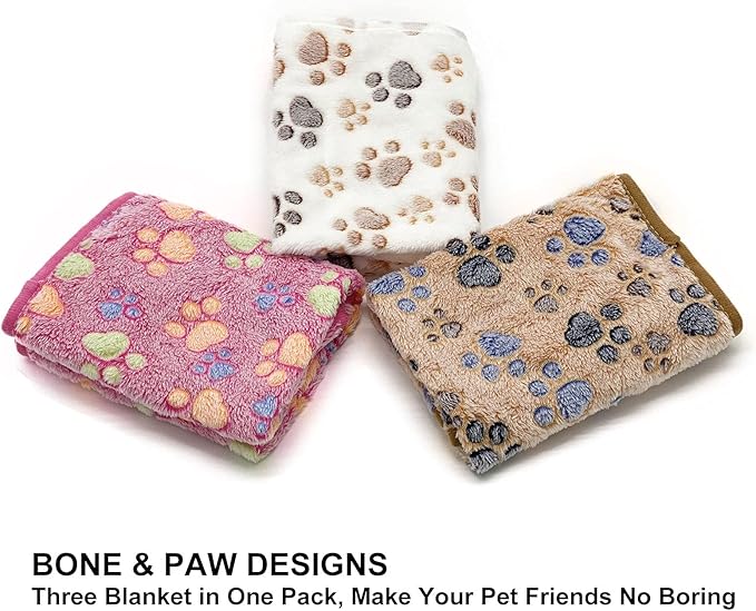 1 Pack 3 Puppy Dog Blankets Super Soft Warm Sleep Mat Fluffy Premium Fleece Pet Blanket Flannel Throw for Dog Puppy Cat - Paw Print Beige/Pink/Brown Medium (29"x20")