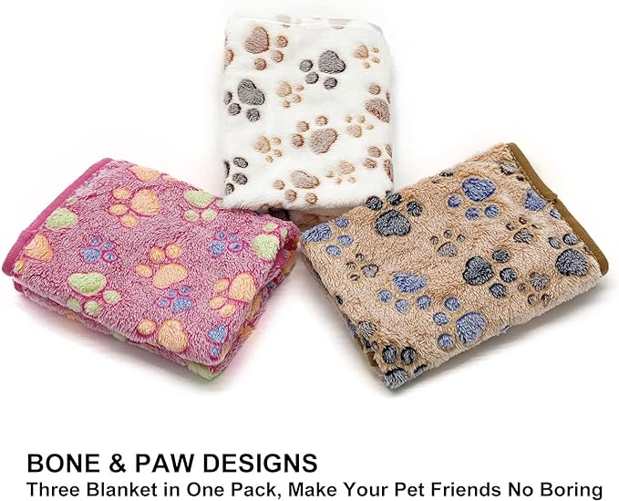 1 Pack 3 Puppy Dog Blankets Super Soft Warm Sleep Mat Fluffy Premium Fleece Pet Blanket Flannel Throw for Dog Puppy Cat - Paw Print Beige/Pink/Brown Small(23"x15")