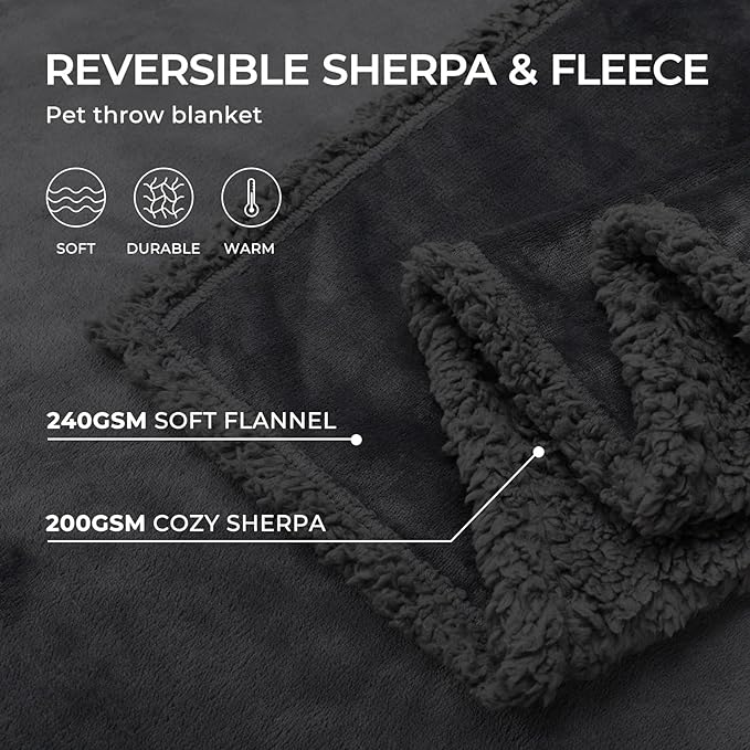 Waterproof Pet Blanket, Liquid Pee Proof Dog Blanket for Sofa Bed Couch, Reversible Sherpa Fleece Furniture Protector Cover for Small Medium Large Dogs Cats, Black Thicken Large（65" x 57"）