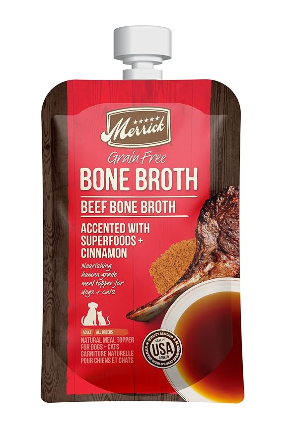 Merrick Grain Free Bone Broth Natural Meal Topper for Dogs, Accented with Superfoods & Cinnamon, for Adult Dogs of All Breeds Beef, 7 Ounce,(Pack of 6)