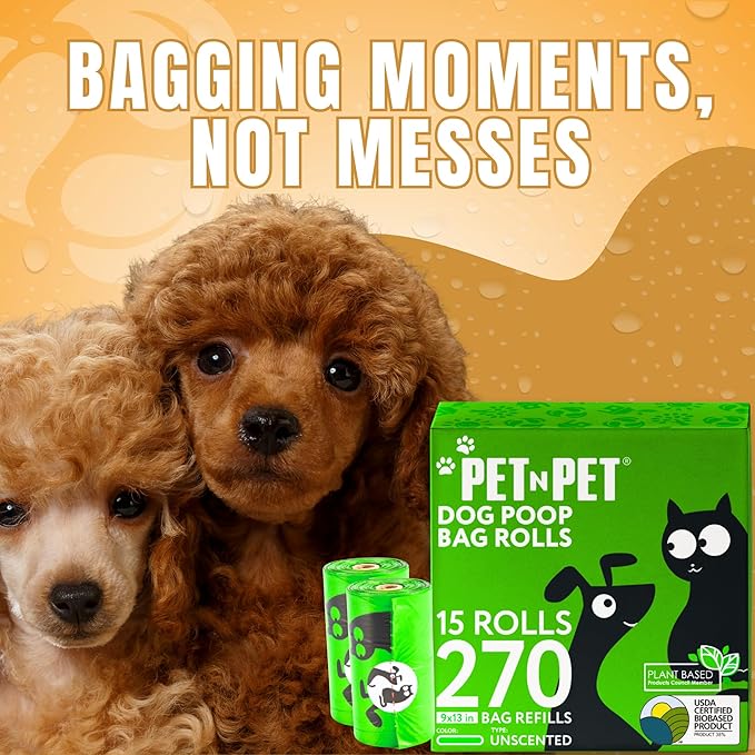 Pet N Pet Poop Bags For Dogs 270 Counts, 38% Plant Based & 62% PE Dog Poop Bags Rolls, Unscented Dog Bags, Green Doggie Poop Bags, Dog Waste Bags, Cat Litter Bags, Cat Poop Bags, Pet Supplies for Dogs