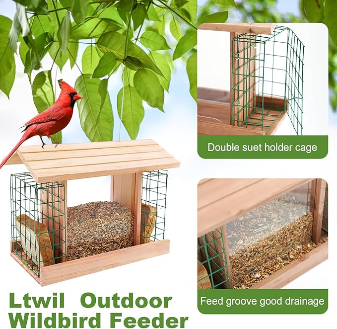 Bird Feeders with 2 Suet Cages, Wooden Wildbird Feeder with Large Capacity, Ideal for Outside Hanging, Nature