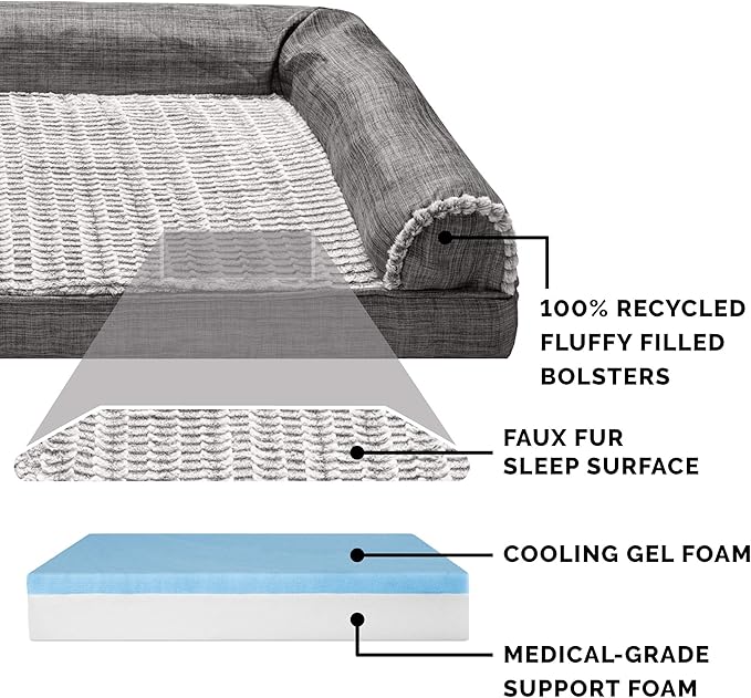 Furhaven Cooling Gel Dog Bed for Medium/Small Dogs w/ Removable Bolsters & Washable Cover, For Dogs Up to 35 lbs - Luxe Faux Fur & Performance Linen Sofa - Charcoal, Medium