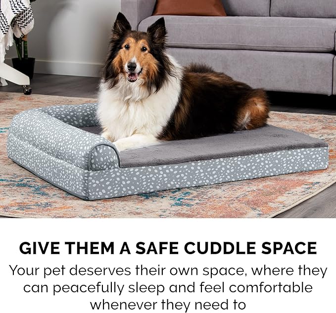 Furhaven Orthopedic Dog Bed for Large Dogs w/ Removable Bolsters & Washable Cover, For Dogs Up to 125 lbs - Plush & Almond Print L Shaped Chaise - Gray Almonds, Jumbo Plus/XXL