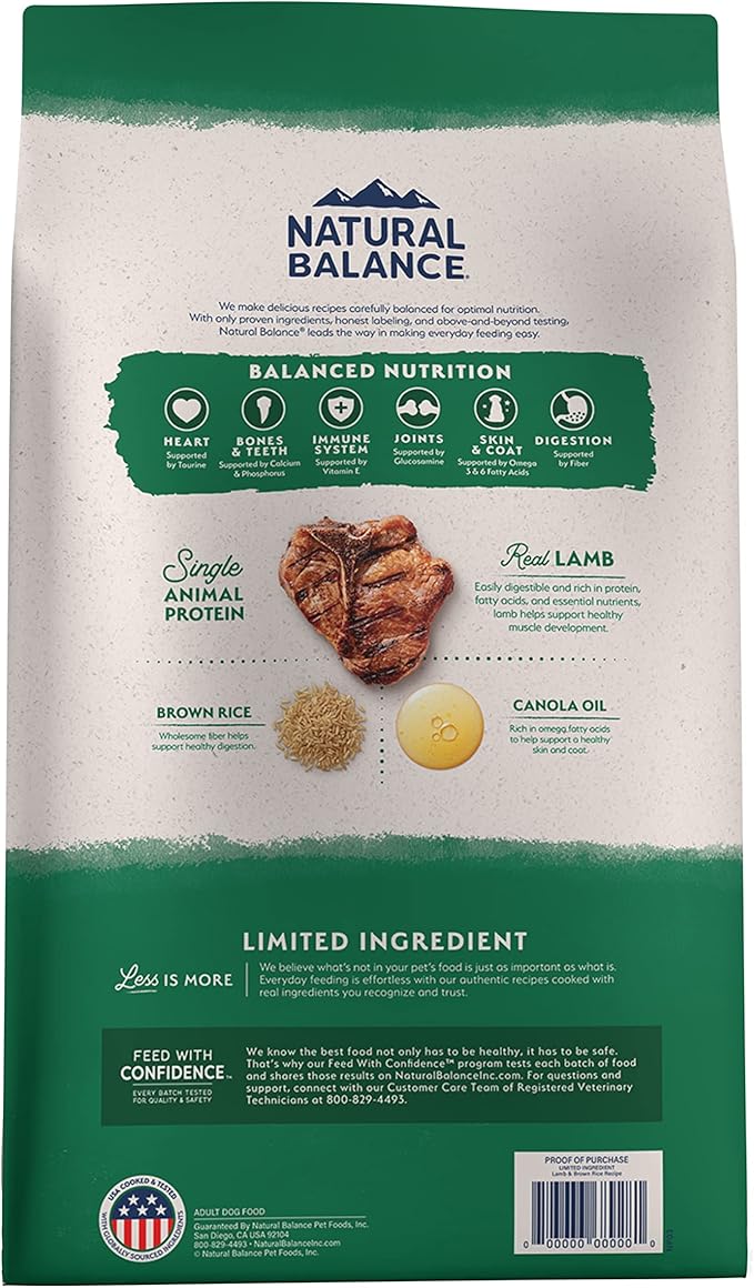 Natural Balance Limited Ingredient Adult Dry Dog Food with Healthy Grains, Lamb & Brown Rice Recipe, 12 Pound (Pack of 1)