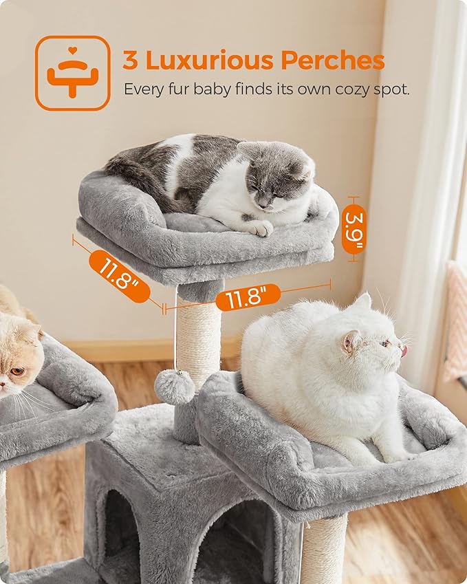 FEANDREA Cat Tree, Large Cat Tower, Cat Condo with Scratching Posts, Board, 2 Caves, 3 Plush Perches, Activity Center, 66.5 Inches, Light Gray UPCT019W01