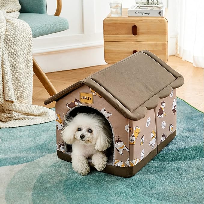 Jiupety Dog House Indoor, M Size Indoor Dog House for Medium and Small Dog, Warm Cave Sleeping Nest Bed for Cats and Dogs, Brown