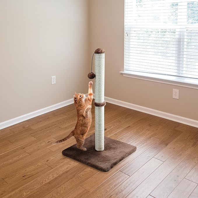 Tall Cat Scratching Post 34” Basic Vertical Scratcher for Indoor Cats and Kittens, Cat Scratch with Sturdy Sisal Rope and Hanging Ball, Large Heavy Plush Base (Dark Brown)