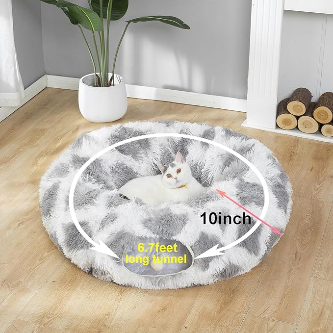 LUCKITTY Warm Fluffy Plush Cat Dog Tunnel Bed with Washable Cushion- Big Tube Playground Toys 3 FT Diameter Collapsible, for Indoor Cat Kitty Kitten Puppy Rabbit Ferret Gray-White Diamond Pattern