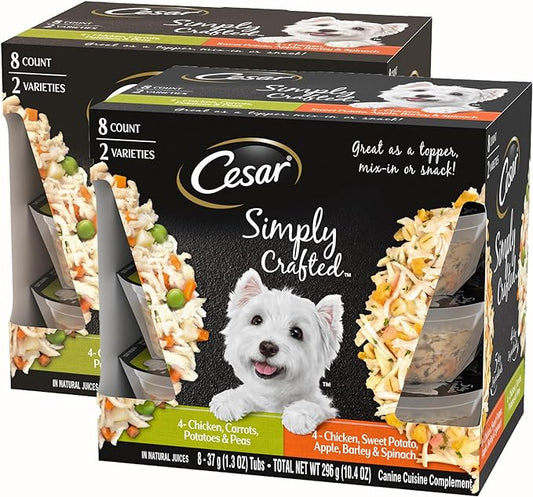 CESAR SIMPLY CRAFTED Adult Soft Wet Dog Food Meal Topper Variety Pack, Chicken, Carrot, Potato & Peas and Chicken, Sweet Potato, Apple, Barley & Spinach, 8 Count(Pack of 2)