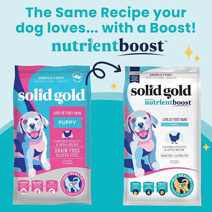 Solid Gold Dry Puppy Food w/Nutrientboost - Made with Real Chicken & Nutritious Superfoods - Love at First Bark Grain Free Puppy Dry Food for Healthy Growth, Energy and Gut Wellness - 3.75 LB Bag