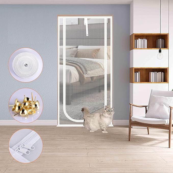 Reinforced Cat Screen Door,Fits Door Size 32''x 80'',Thickened Cat Resistant Mesh Screen Door for Living Room,Kitchen,Bedroom,Cat Proof Screen with Zipper Closure. (U-Type,White)