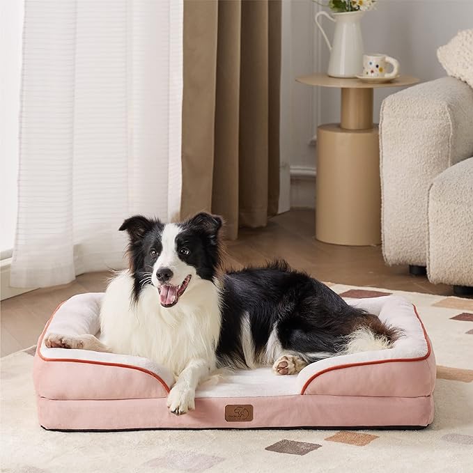 Bedsure Orthopedic Dog Bed for Large Dogs - Big Washable Dog Sofa Beds Large, Supportive Foam Pet Couch Bed with Removable Washable Cover, Waterproof Lining and Nonskid Bottom, Pink