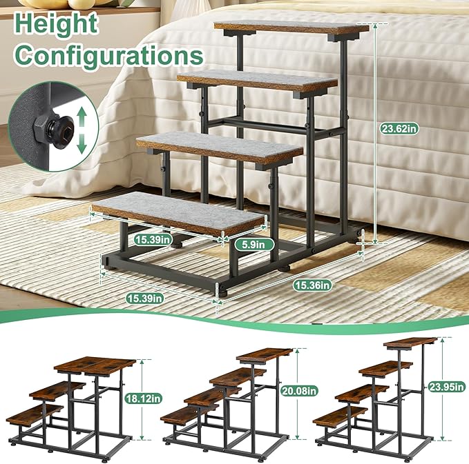 4 -Tier Adjustable Pet Dog Stairs for High Bed & Couch, Vintage Wood Dog Steps for medium & small dog,Deform 4 Step to 3 Step Dog Stair, Older Dogs,Height-Adjustable and Stable Pet Steps