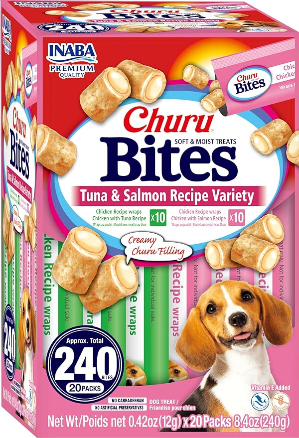 INABA Churu Bites Dog Treat, Grain-Free, Baked Chicken Filled with Churu, Chicken Recipe Wraps Tuna Recipe & Salmon Recipe 20 Pack Variety
