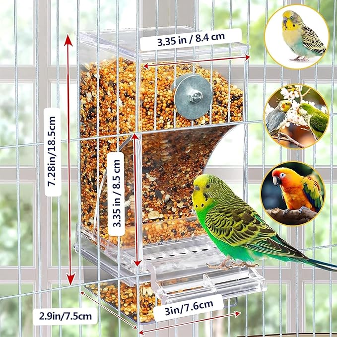 No Mess Bird Feeders with Water Dispenser and 15.7'' Bird Rope Perche, Climbing Standing Bungee Parrot Swing Toys, Automatic Transparent Acrylic Food Container Drinker Bird toy for Cage