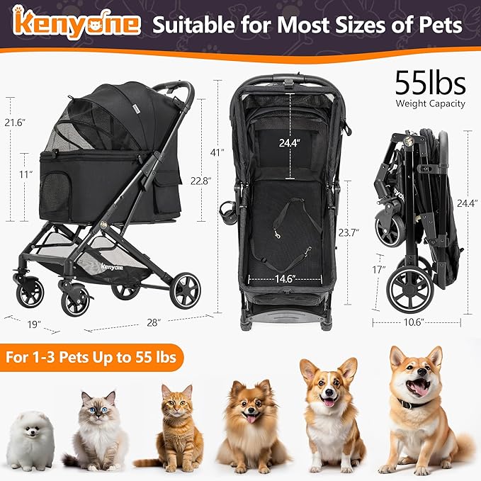 Kenyone Pet Stroller for Small to Medium Dogs Durable Cat Stroller with Lightweight Aluminum Frame, One-Click Folding, No Zip Entry, PU Wheels, Multiple Pockets(Black)