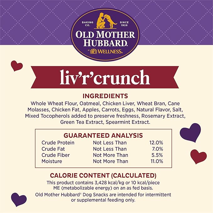 Old Mother Hubbard by Wellness Classic Liv'R'Crunch Natural Dog Treats, Crunchy Oven-Baked Biscuits, Ideal for Training, 20 ounce bag