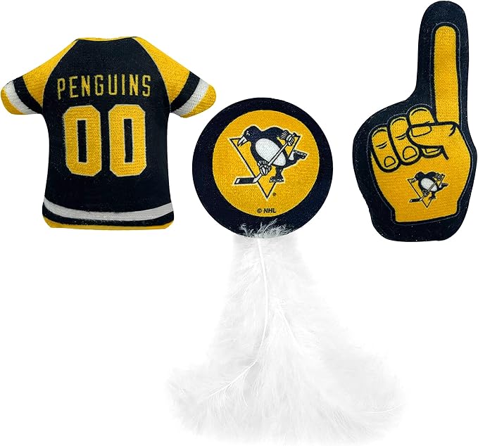 BEST PLUSH CAT TOY NHL PITTSBURGH PENGUINS Complete Set of 3 piece Cat Toys filled with Fresh Catnip. Includes: 1 Jersey Cat Toy, 1 Hockey Puck Cat Toy with Feathers & 1 #1 Fan Cat Toy. With Team LOGO