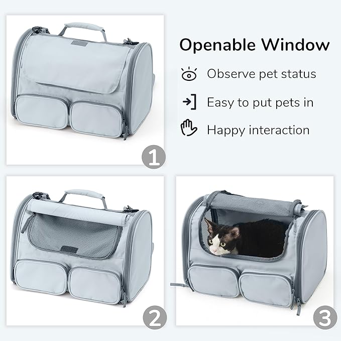 FUKUMARU Cat Carrier, Soft-Sided Pet Carriers for Small Dogs and Medium Cats Under 12lb, Airline Approved Travel Cat Bag with Double-sided Cushion and 4 Storage Bags, Portable and Washable，Grey S