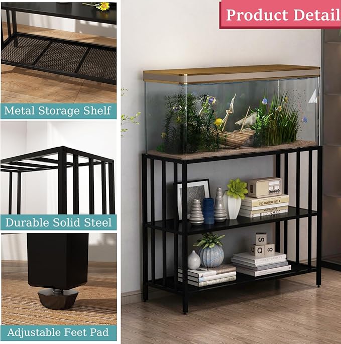 Fish Tank Stand with Metal Shelves, 55 Gallon Aquarium Stand Heavy Duty Turtle Tank Terrariums Tank Breeder Reptile Tank Stand for Home Office, 48.4” x 14.9” x 29.5” (Black)