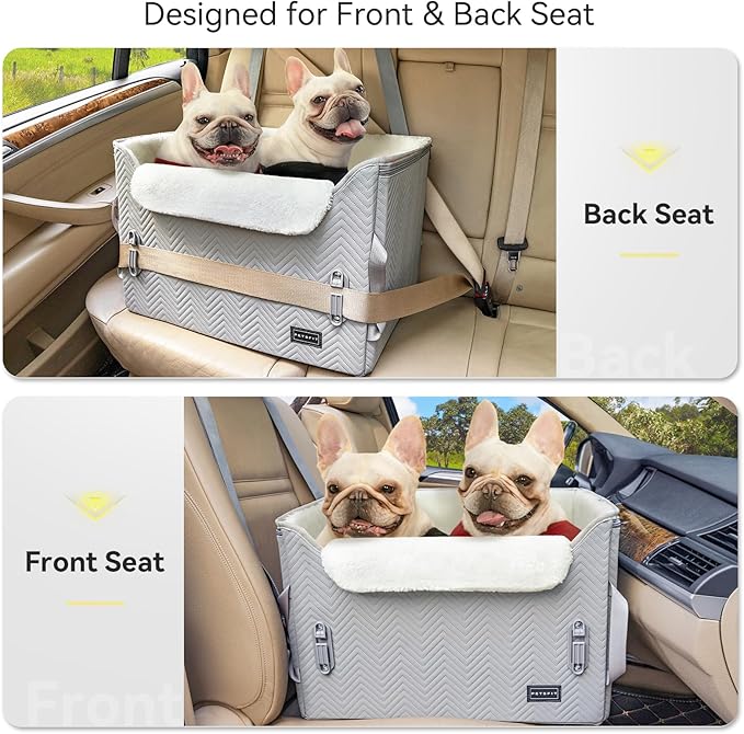 PETSFIT Dog Booster Car Seat, Waterproof PU Leather Car Seat for Dogs with Patent Safe Buckles, 2 Clip-On Safety Leashes, Suitable for 2 Small Dogs or a Medium Dog (Medium, Grey)