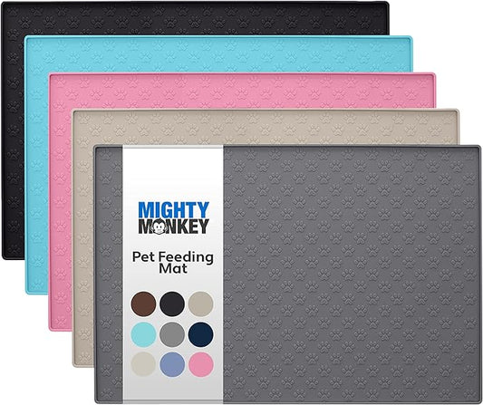 MIGHTY MONKEY 100% Waterproof Dog Food Mat, Raised Edges Silicone Pet Feeding Placemat for Cat, Dogs, Pet Bowls, High Lipped Tray Prevents Water Spills, Food on Floor, Dishwasher Safe, 18x12, Gray