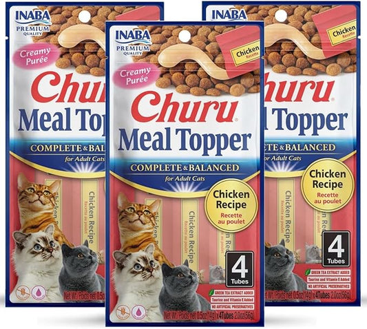 INABA Churu Meal Topper for Cats, Complete & Balanced, Creamy, Lickable Purée Cat Food Topper, 0.5 Ounce Tube, 12 Tubes (4 per Pack), Chicken Recipe