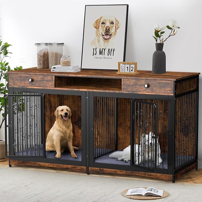 71'' Dog Crate Furniture for 2 Dogs, Wooden Double Dog Crate Large Breed with 2 Drawers, XXL Dog Kennel TV Stand End Table with Divider Cushion for Large Medium Dogs, Brown