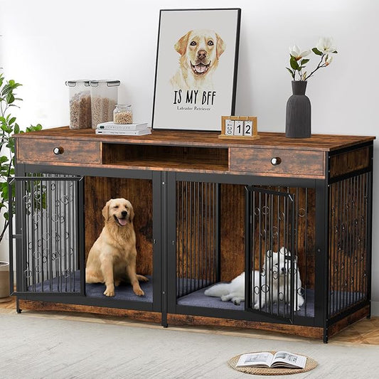 71'' Dog Crate Furniture for 2 Dogs, Wooden Double Dog Crate Large Breed with 2 Drawers, XXL Dog Kennel TV Stand End Table with Divider Cushion for Large Medium Dogs, Brown