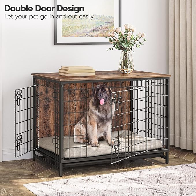 Dog Crate Furniture, Wooden Dog Kennel with Removable Tray, Heavy-Duty Dog Cage End Side Table, Indoor Dog House for Small/Medium/Large Dogs, 37.8" L, Rustic Brown DCHR0301Z