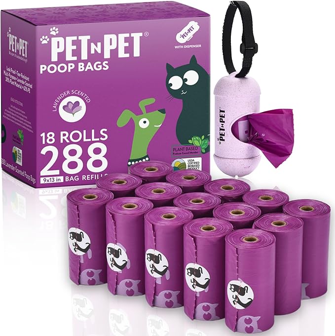 ﻿Pet N Pet Poop Bags for Dogs, 288 Counts Lavender Scented Dog Poop Bags with Leash Dispenser, USDA Certified 38% Plant Based & 62% PE Dog Waste Bags, Dog Poop Bags Rolls, Scented Dog Bags for Poop