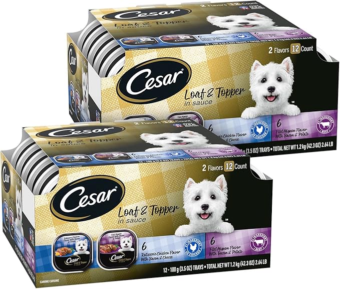 CESAR Soft Wet Dog Food Loaf in Sauce Rotisserie Chicken Flavor with Bacon & Cheese and Filet Mignon Flavor with Bacon & Potato Variety Pack, (24) 3.5 oz. Easy Peel Trays