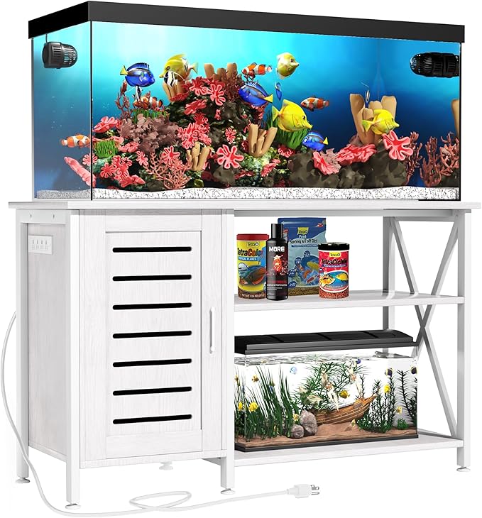 55-75 Gallon Fish Tank Stand, Aquarium Stand with Power Outlets and Cabinet for Fish Tank Accessories Storage, Heavy Duty Metal Frame, 52" L*19.68" W Tabletop, 1200LBS Capacity, White PG05YGW