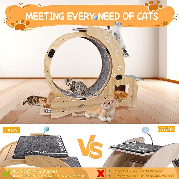 4-in-1 Cat Exercise Wheel, Cat Wheel Wood with Eight TPE Sile, Cat Litter Fitness Wheel for Indoor Cats,Climbing Ladders,Cat Scratching Board,Cat Bowls,Natural Wood