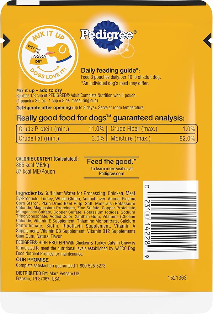 Pedigree High Protein Wet Dog Food Pouches, with Chicken and Turkey Cuts in Gravy, 3.5 oz. Pouches, 16 Count