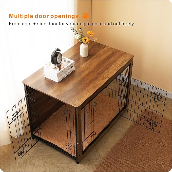 DWANTON Dog Crate Furniture with Cushion, Large Wooden Dog Crate with Double Doors, Dog Furniture, Indoor Dog Kennel, Dog House, Large, 38.5" L, Warm Brown