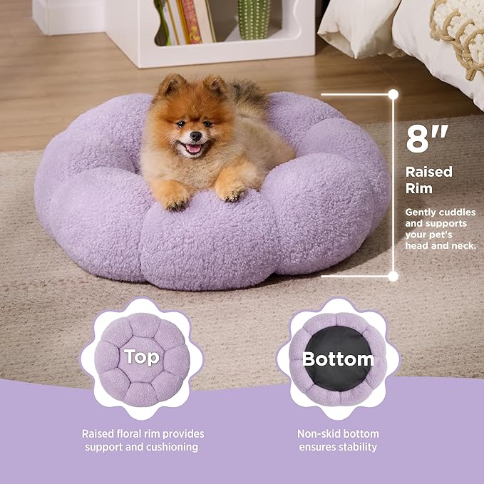 Lesure Calming Small Dog Bed - Flower Donut Round Fluffy Puppy Bed in Plush Teddy Sherpa, Non-Slip Cute Flower Cat Beds for Indoor Cats, Small Pet Bed Fits up to 25 lbs, Machine Washable, Purple 23"