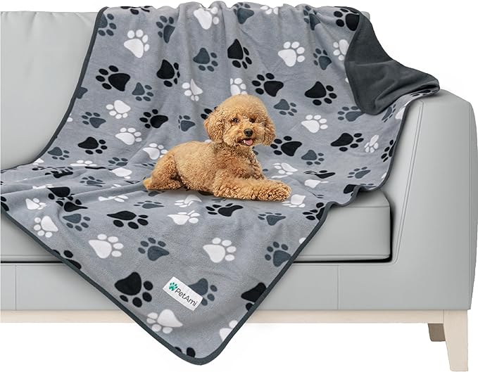 PetAmi Waterproof Dog Blanket for Bed, XL Pet Blanket Couch Cover Protection, Fleece Cat Blanket Throw for Crate Kennel Sofa Furniture Protector, Reversible Soft Plush, Twin 60x80 Paw Print Gray